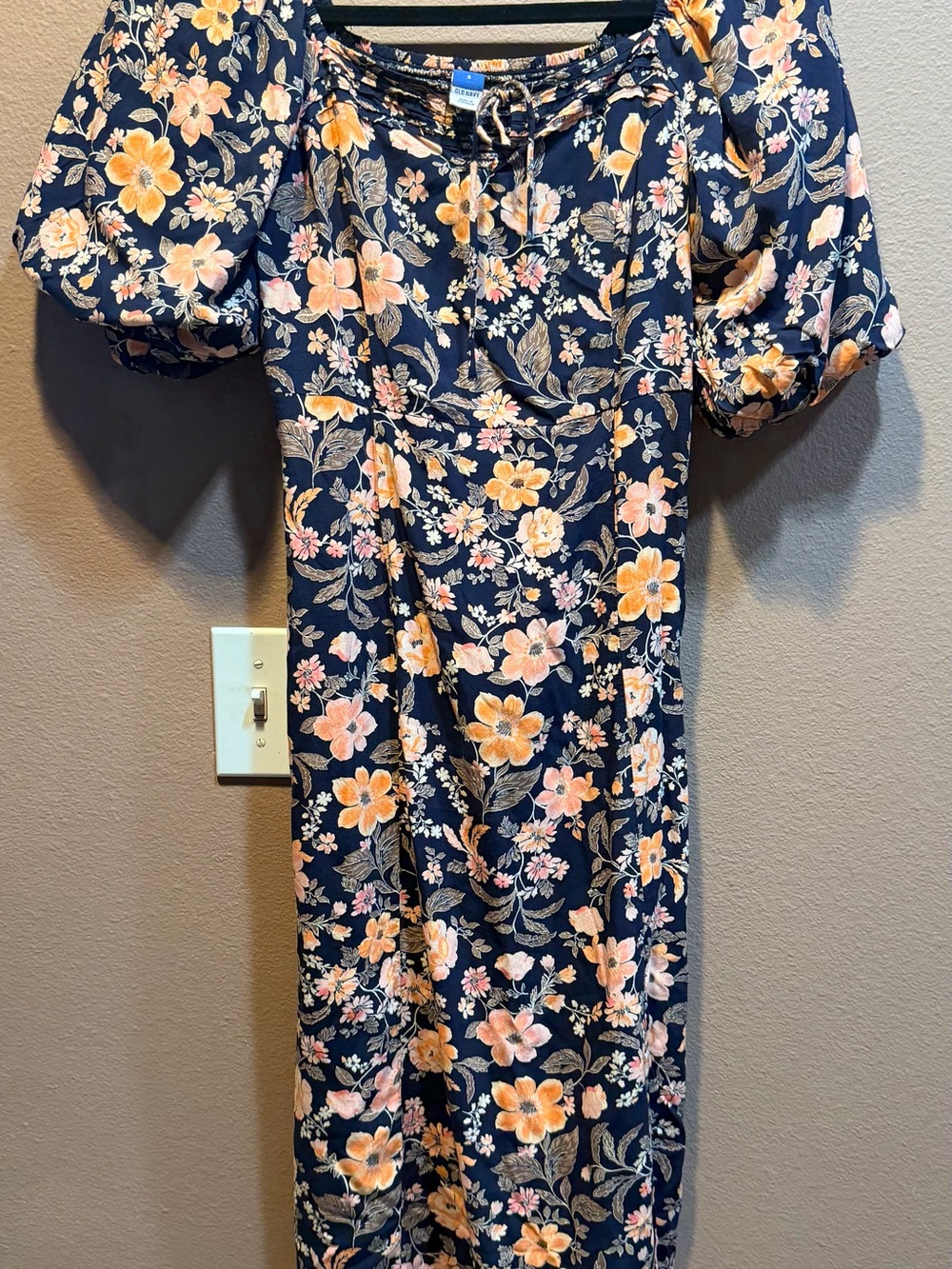 Old Navy Navy Floral Puff Sleeve Dress with Peach and Pink Blooms